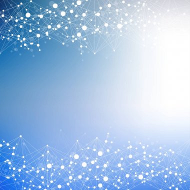 Yapı molekülü ve iletişim. DNA, atom, nöronlar. Tasarımınız için bilimsel bir kavram. Noktalarla birleştirilmiş çizgiler. Tıp, teknoloji, kimya, bilim geçmişi. Vektör illüstrasyonu.