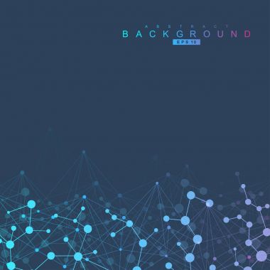 Yapı molekülü ve iletişim. DNA, atom, nöronlar. Tasarımınız için bilimsel bir kavram. Noktalarla birleştirilmiş çizgiler. Tıp, teknoloji, kimya, bilim geçmişi. Vektör illüstrasyonu.