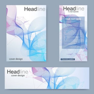 Broşür, A4 şablonu, afiş ayarla. Birbirine bağlı çizgiler ve noktalar olan moleküler yapı. Dergi, broşür, kapak, poster tasarımı için elementleri olan bilimsel desenli atom DNA 'sı.