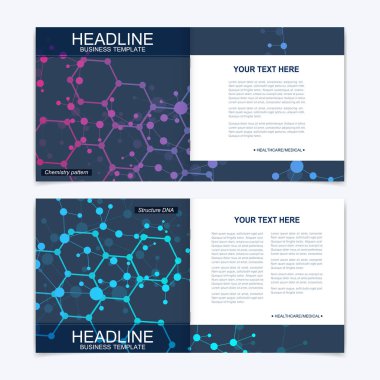 Kare broşür için şablonlar. Broşür kapak sunu. İş, bilim, teknoloji tasarım kitap düzeni. Bilimsel molekül arka plan