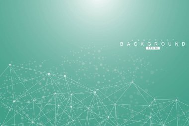 Yapı molekülü ve iletişim. DNA, atom, nöronlar. Tasarımınız için bilimsel bir kavram. Noktalarla birleştirilmiş çizgiler. Tıp, teknoloji, kimya, bilim geçmişi. Vektör illüstrasyonu.