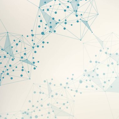 Yapı molekülü ve iletişim. DNA, atom, nöronlar. Tasarımınız için bilimsel bir kavram. Noktalarla birleştirilmiş çizgiler. Tıp, teknoloji, kimya, bilim geçmişi. Vektör illüstrasyonu.