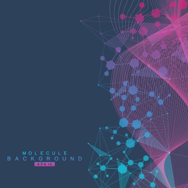 Yapı molekülü ve iletişim. DNA, atom, nöronlar. Tasarımınız için bilimsel bir kavram. Noktalarla birleştirilmiş çizgiler. Tıp, teknoloji, kimya, bilim geçmişi. Vektör illüstrasyonu.