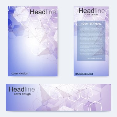 Broşür, A4 şablonu, afiş ayarla. Birbirine bağlı çizgiler ve noktalar olan moleküler yapı. Dergi, broşür, kapak, poster tasarımı için elementleri olan bilimsel desenli atom DNA 'sı.