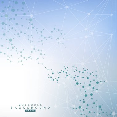 Yapı molekülü ve iletişim. DNA, atom, nöronlar. Tasarımınız için bilimsel bir kavram. Noktalarla birleştirilmiş çizgiler. Tıp, teknoloji, kimya, bilim geçmişi. Vektör illüstrasyonu.