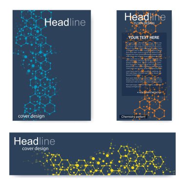 Broşür, A4 şablonu, afiş ayarla. Birbirine bağlı çizgiler ve noktalar olan moleküler yapı. Dergi, broşür, kapak, poster tasarımı için elementleri olan bilimsel desenli atom DNA 'sı.