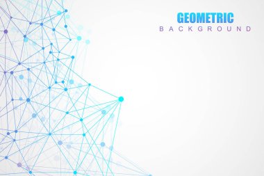Bağlı çizgi ve noktalarla Geometrik soyut arkaplan. Yapı molekülü ve iletişim. Büyük Veri Görselleştirme. Tıp, teknoloji, bilim geçmişi. Vektör illüstrasyonu.