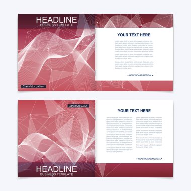 Bilimsel şablonlar kare broşür, dergi, broşür, broşür, kapak, broşür, yıllık rapor. Tıp, teknoloji ve kimya için bilimsel bir kavram. Yapı molekülü ve iletişim. DNA, atom.