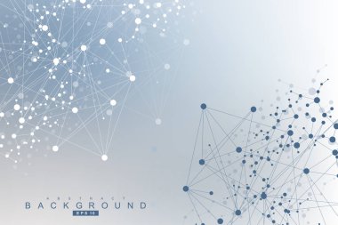 Yapı molekülü ve iletişim. DNA, atom, nöronlar. Tasarımınız için bilimsel bir kavram. Noktalarla birleştirilmiş çizgiler. Tıp, teknoloji, kimya, bilim geçmişi. Vektör illüstrasyonu.