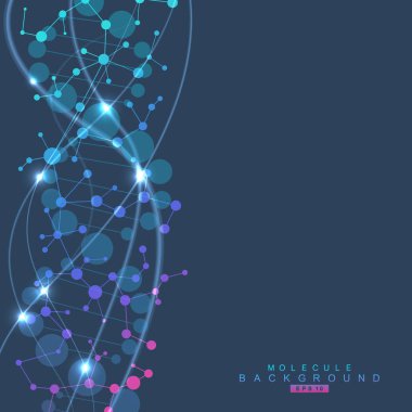 Yapı molekülü ve iletişim. DNA, atom, nöronlar. Tasarımınız için bilimsel bir kavram. Noktalarla birleştirilmiş çizgiler. Tıp, teknoloji, kimya, bilim geçmişi. Vektör illüstrasyonu.