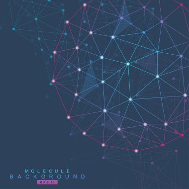 Yapı molekülü ve iletişim. DNA, atom, nöronlar. Tasarımınız için bilimsel bir kavram. Noktalarla birleştirilmiş çizgiler. Tıp, teknoloji, kimya, bilim geçmişi. Vektör illüstrasyonu.