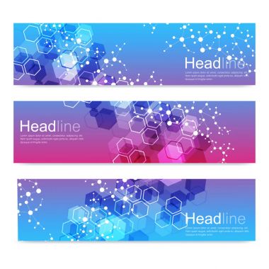 Modern vektör afiş bilimsel kümesi. DNA molekül yapısıyla bağlantılı çizgiler ve noktalar. Bilim vektör arka plan. Tıp, teknoloji, kimya tasarım.