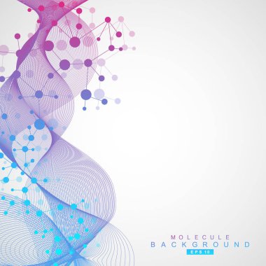 Yapı molekülü ve iletişim. DNA, atom, nöronlar. Tasarımınız için bilimsel bir kavram. Noktalarla birleştirilmiş çizgiler. Tıp, teknoloji, kimya, bilim geçmişi. Vektör illüstrasyonu.