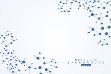 Yapı molekülü ve iletişim. DNA, atom, nöronlar. Tasarımınız için bilimsel bir kavram. Noktalarla birleştirilmiş çizgiler. Tıp, teknoloji, kimya, bilim geçmişi. Vektör illüstrasyonu.