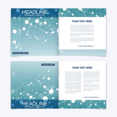 Bilimsel şablonlar kare broşür, dergi, broşür, broşür, kapak, broşür, yıllık rapor. Tıp, teknoloji ve kimya için bilimsel bir kavram. Yapı molekülü ve iletişim. DNA, atom.