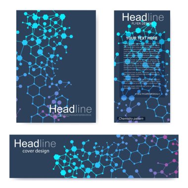 Broşür, A4 şablonu, afiş ayarla. Birbirine bağlı çizgiler ve noktalar olan moleküler yapı. Dergi, broşür, kapak, poster tasarımı için elementleri olan bilimsel desenli atom DNA 'sı.