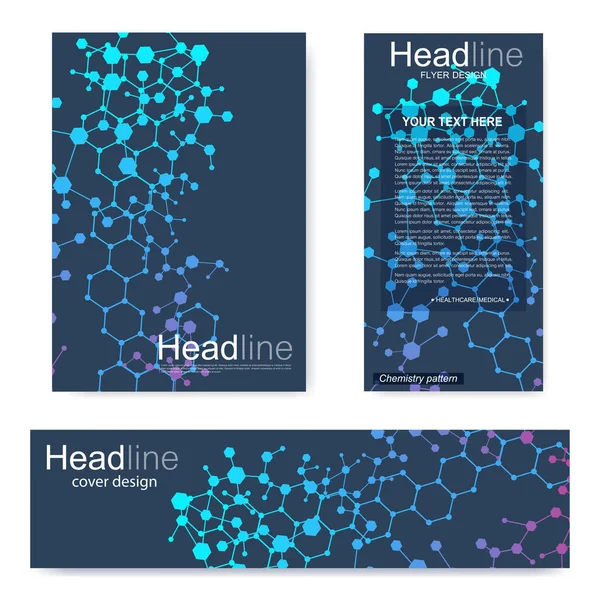 Broşür, A4 şablonu, afiş ayarla. Birbirine bağlı çizgiler ve noktalar olan moleküler yapı. Dergi, broşür, kapak, poster tasarımı için elementleri olan bilimsel desenli atom DNA 'sı.