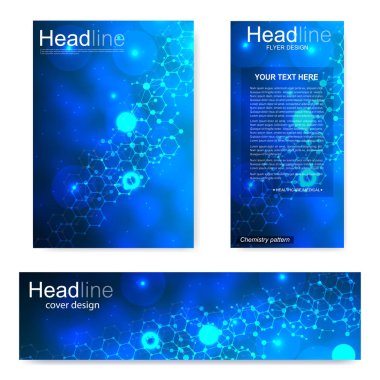 Broşür, A4 şablonu, afiş ayarla. Birbirine bağlı çizgiler ve noktalar olan moleküler yapı. Dergi, broşür, kapak, poster tasarımı için elementleri olan bilimsel desenli atom DNA 'sı.