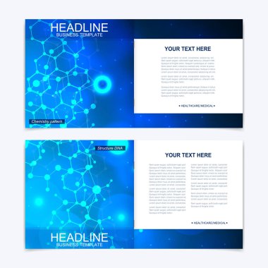 Bilimsel şablonlar kare broşür, dergi, broşür, broşür, kapak, broşür, yıllık rapor. Tıp, teknoloji ve kimya için bilimsel bir kavram. Yapı molekülü ve iletişim. DNA, atom.