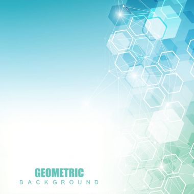 Bağlı çizgi ve noktalarla Geometrik soyut arkaplan. Yapı molekülü ve iletişim. Büyük Veri Görselleştirme. Tıp, teknoloji, bilim geçmişi. Vektör illüstrasyonu.