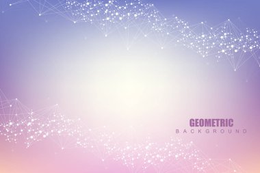 Yapı molekülü ve iletişim. DNA, atom, nöronlar. Tasarımınız için bilimsel bir kavram. Noktalarla birleştirilmiş çizgiler. Tıp, teknoloji, kimya, bilim geçmişi. Vektör illüstrasyonu.