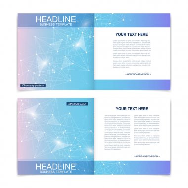 Bilimsel şablonlar kare broşür, dergi, broşür, broşür, kapak, broşür, yıllık rapor. Tıp, teknoloji ve kimya için bilimsel bir kavram. Yapı molekülü ve iletişim. DNA, atom.