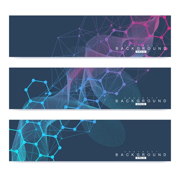 Wetenschappelijke set van moderne vector banners. DNA molecuul-structuur met aaneengesloten lijnen en punten. Wetenschap vector achtergrond. Medische, tecnology, chemie ontwerp. — Stockvector