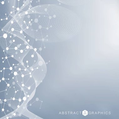 Yapı molekülü ve iletişim. DNA, atom, nöronlar. Tasarımınız için bilimsel bir kavram. Noktalarla birleştirilmiş çizgiler. Tıp, teknoloji, kimya, bilim geçmişi. Vektör illüstrasyonu.