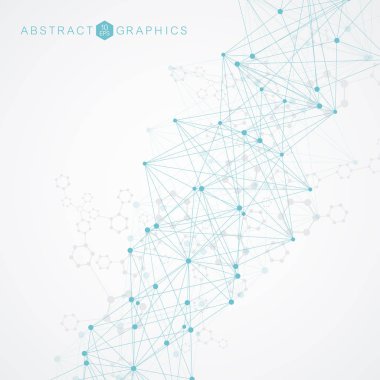Bağlı çizgi ve noktalarla Geometrik soyut arkaplan. Yapı molekülü ve iletişim. Büyük Veri Görselleştirme. Tıp, teknoloji, bilim geçmişi. Vektör illüstrasyonu.
