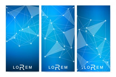 Modern el ilanları, afişler. Geometrik soyut sunum. Tıp, bilim, teknoloji, kimya için molekül ve iletişim geçmişi.