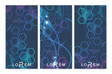 Modern el ilanları, afişler. Geometrik soyut sunum. Tıp, bilim, teknoloji, kimya için molekül ve iletişim geçmişi.