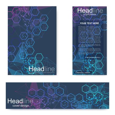 Broşür, A4 şablonu, afiş ayarla. Birbirine bağlı çizgiler ve noktalar olan moleküler yapı. Dergi, broşür, kapak, poster tasarımı için elementleri olan bilimsel desenli atom DNA 'sı.