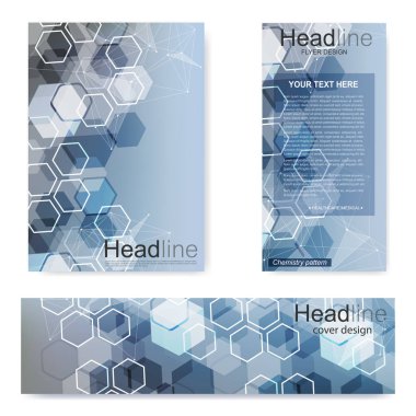 Broşür, A4 şablonu, afiş ayarla. Birbirine bağlı çizgiler ve noktalar olan moleküler yapı. Dergi, broşür, kapak, poster tasarımı için elementleri olan bilimsel desenli atom DNA 'sı.