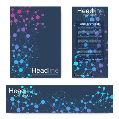 Broşür, A4 şablonu, afiş ayarla. Birbirine bağlı çizgiler ve noktalar olan moleküler yapı. Dergi, broşür, kapak, poster tasarımı için elementleri olan bilimsel desenli atom DNA 'sı.