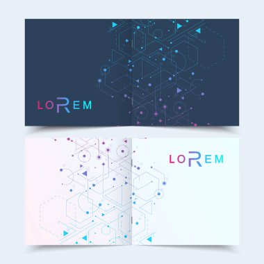 Vektör şablonları kare broşür dergi broşür ve ilan için kitapçık faaliyet raporu kapağı. Parçacık, tıp, teknoloji, kimya, bilim için molekül yapısı ile fütüristik altıgen desen.