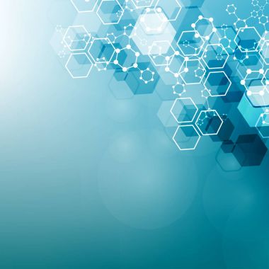Bilimsel altıgen kalıbın modern fütüristik arka planı. Parçacık, tıbbi, teknoloji, kimya ve bilim için molekül yapısına sahip sanal soyut bir arka plan. Sosyal ağ vektörü.