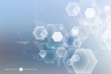 Bilimsel altıgen kalıbın modern fütüristik arka planı. Parçacık, tıbbi, teknoloji, kimya ve bilim için molekül yapısına sahip sanal soyut bir arka plan. Sosyal ağ vektörü.