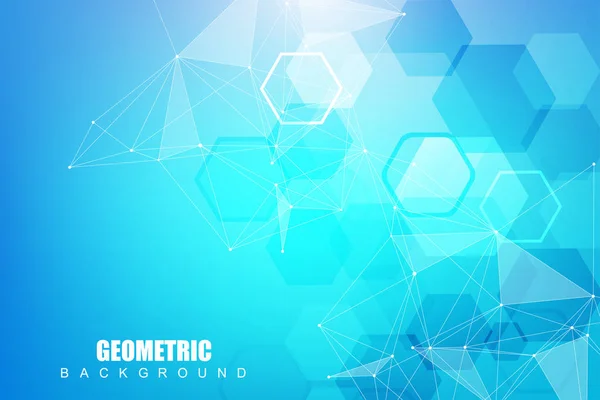Moderne futuristische achtergrond van het wetenschappelijke hexagonale patroon. Virtuele abstracte achtergrond met deeltjes, moleculestructuur voor geneeskunde, technologie, chemie, wetenschap. Sociale netwerkvector. — Stockvector