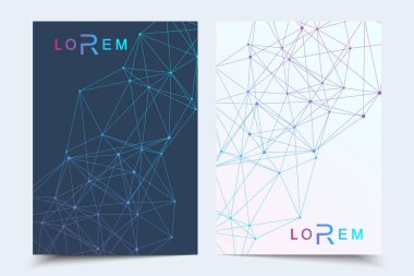 Bilimsel broşür tasarım şablonu. Vektör broşürü düzeni, birbirine bağlı çizgiler ve noktalarla moleküler yapı. Dergi, broşür, kapak, poster tasarımı için elementleri olan bilimsel desenli atom DNA 'sı.