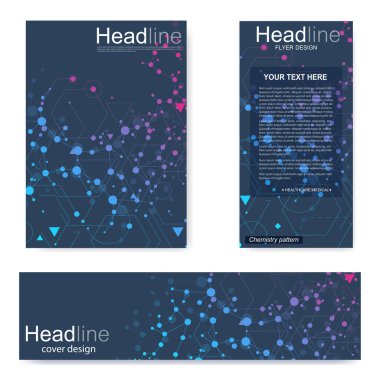 Broşür, A4 şablonu, afiş ayarla. Birbirine bağlı çizgiler ve noktalar olan moleküler yapı. Dergi, broşür, kapak, poster tasarımı için elementleri olan bilimsel desenli atom DNA 'sı.