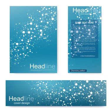 Broşür, A4 şablonu, afiş ayarla. Birbirine bağlı çizgiler ve noktalar olan moleküler yapı. Dergi, broşür, kapak, poster tasarımı için elementleri olan bilimsel desenli atom DNA 'sı.