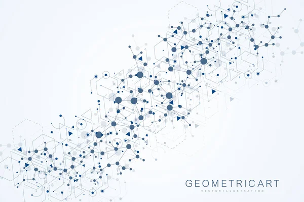 Molécula de estructura y comunicación. ADN, átomo, neuronas. Concepto científico para su diseño. Líneas conectadas con puntos. Medicina, tecnología, química, antecedentes científicos. Ilustración vectorial. — Vector de stock