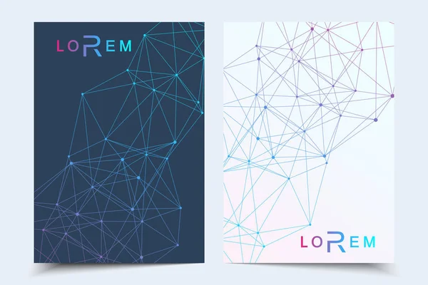 Bilimsel broşür tasarım şablonu. Vektör broşürü düzeni, birbirine bağlı çizgiler ve noktalarla moleküler yapı. Dergi, broşür, kapak, poster tasarımı için elementleri olan bilimsel desenli atom DNA 'sı.