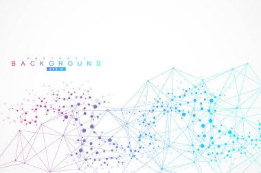Yapı molekülü ve iletişim. DNA, atom, nöronlar. Tasarımınız için bilimsel bir kavram. Noktalarla birleştirilmiş çizgiler. Tıp, teknoloji, kimya, bilim geçmişi. Vektör illüstrasyonu.