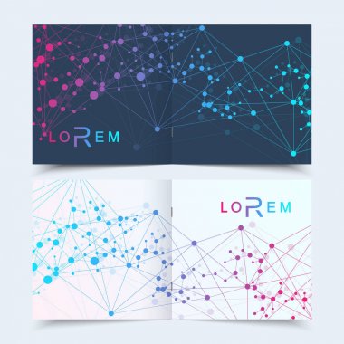 Bilimsel şablonlar kare broşür, dergi, broşür, broşür, kapak, broşür, yıllık rapor. Tıp, teknoloji ve kimya için bilimsel bir kavram. Yapı molekülü ve iletişim. DNA, atom.