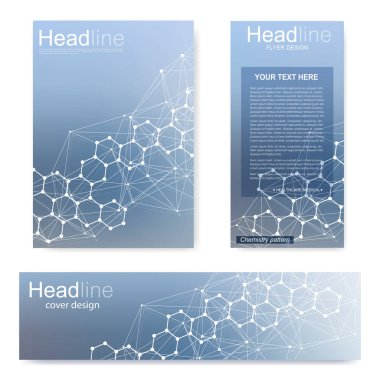 Broşür, A4 şablonu, afiş ayarla. Birbirine bağlı çizgiler ve noktalar olan moleküler yapı. Dergi, broşür, kapak, poster tasarımı için elementleri olan bilimsel desenli atom DNA 'sı.