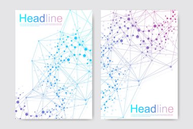 Bilimsel broşür tasarım şablonu. Vektör broşürü düzeni, birbirine bağlı çizgiler ve noktalarla moleküler yapı. Dergi, broşür, kapak, poster tasarımı için elementleri olan bilimsel desenli atom DNA 'sı.