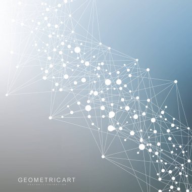 Yapı molekülü ve iletişim. DNA, atom, nöronlar. Tasarımınız için bilimsel bir kavram. Noktalarla birleştirilmiş çizgiler. Tıp, teknoloji, kimya, bilim geçmişi. Vektör illüstrasyonu.