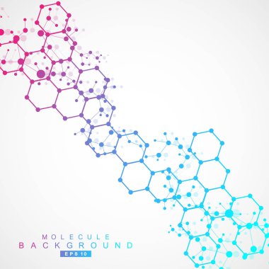 Yapı molekülü ve iletişim. DNA, atom, nöronlar. Tasarımınız için bilimsel bir kavram. Noktalarla birleştirilmiş çizgiler. Tıp, teknoloji, kimya, bilim geçmişi. Vektör illüstrasyonu.
