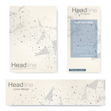 Broşür, A4 şablonu, afiş ayarla. Birbirine bağlı çizgiler ve noktalar olan moleküler yapı. Dergi, broşür, kapak, poster tasarımı için elementleri olan bilimsel desenli atom DNA 'sı.